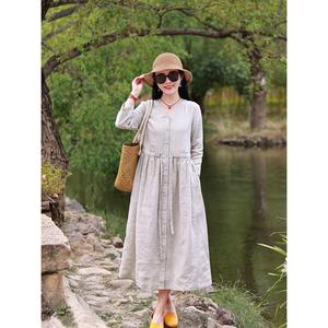 Vestido Maxi de Lino con Cuello en V Estilo Boho para Mujer, con Botones al Frente, Cintura Elástica, Corte Holgado, Manga Larga, Vestido Casual de Verano - Product Image 5