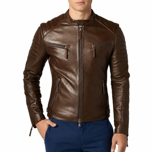 Unisex <b>Brown</b> Genuine <b>Leather</b> Waterproof High Street Moto <b>Jacket</b> Stand Collar Zipper Closure Slim Fit Autumn Style Solid Color - Product Image 1