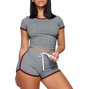 Women's Gray Two Piece Sporty <b>Set</b> Short Sleeve Crop Top With Side Stripe Shorts Breathable <b>Knitted</b> Polyester Spandex Spring Summ - Product Image 1