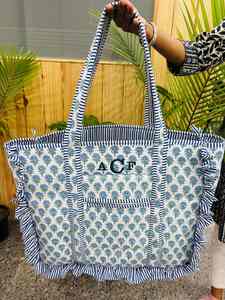 Cotton Quilted Frill Tote bag woman stylish marketing shoulder tote bag personalized bride <b>name</b> tote bag boho floral tote bag - Product Image 2