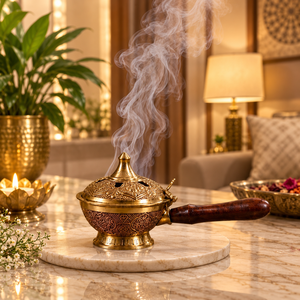 Handcrafted Engraved Brass Eco-Friendly Sandalwood Handle Arabic Resin Incense <b>Burner</b> Home Decor - Product Image 3
