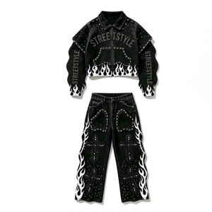 Y2K Rhinestone Flame Denim Solid Set Women Cropped Layered <b>Jacket</b> Wide Leg Jeans <b>Gothic</b> Cross Studded Black Vintage Streetwear - Product Image 2