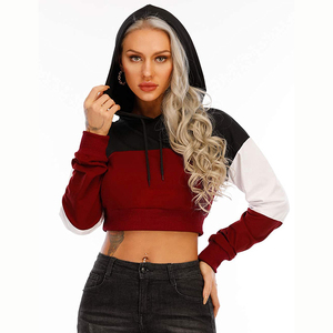 Women Color Block Cropped Hoodie <b>Long</b> <b>Sleeve</b> Knitted Casual Autumn Sweatshirt <b>Red</b> Black White Full <b>Sleeve</b> Hooded <b>Top</b> - Product Image 4