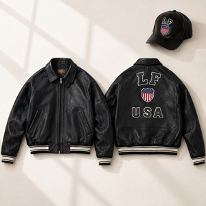 Blouson aviateur en cuir noir pour homme avec patch brodé LF USA, fermeture éclair, col rabattable, vêtement d'extérieur pour l'automne - Product Image 1