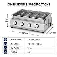 Barbecue au gaz GPL commercial à 4 brûleurs, en acier inoxydable, pour table, avec boutons de commande indépendants, pour la restauration