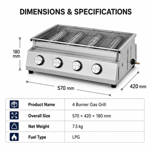 Barbecue au gaz GPL commercial à 4 brûleurs, en acier inoxydable, pour table, avec boutons de commande indépendants, pour la restauration - Product Image 3