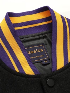 Custom Men's Black With <b>Purple</b> Gold Embroidery Lettering And Patch Designs Leather Sleeve High Street <b>Varsity</b> Baseball <b>Jacket</b> - Product Image 3