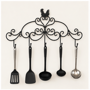 Wrought Iron <b>Kitchen</b> Utensil Rack Wall Mounted Farmhouse Rooster Decor Holder 5-<b>Hook</b> Multi-Purpose Organizer for Pots, Pans, - Product Image 5