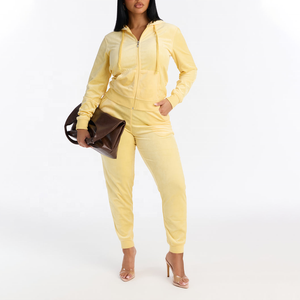 Best Seller Custom Made <b>Women</b> Yellow <b>Velour</b> Zip Up Hooded Sweatshirt And Jogger Pants 2Piece Drawstring Closure <b>Velour</b> <b>Tracksuit</b> - Product Image 1