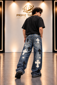 Custom Vintage Washed Baggy <b>Jeans</b> <b>Men</b> Cross Applique Distressed Wide Leg Denim Pants Y2K Streetwear Trousers Unisex Denim Pants - Product Image 4