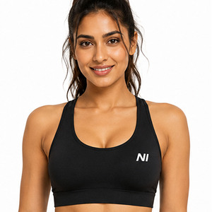 OEM Women Seamless Sports Bra Scoop Neck Racerback Zipper Front Medium Support Breathable Fitness Workout Wear Solid Black - Product Image 6
