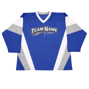 Camiseta de Hockey sobre Hielo Sublimada Personalizada en Azul, Blanco y Gris, Uniforme Profesional de Hockey con Nombre del Equipo, Camiseta Deportiva Transpirable para Hombre - Product Image 1