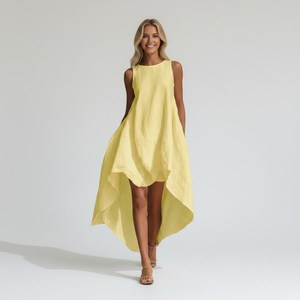 Vestido Maxi de Lino Oversize para Mujer, Sin Mangas, Estilo Kaftan Asimétrico, Bohemio, para Resort, Dulce y Natural - Product Image 4