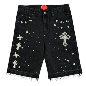 Shorts Bermuda Noirs pour Hommes à Paillettes avec Croix en Strass et Motif à Pois, Style Gothique, Taille Mi-Haute, Fermeture Boutonnée - Product Image 2