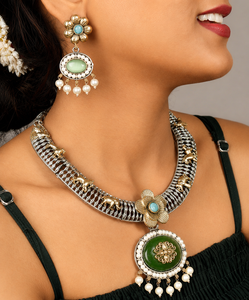 Ensemble de bijoux ethniques en argent tibétain avec pierre de jade et collier et boucles d'oreilles en perles d'imitation pour femmes, pour mariage - Product Image 5