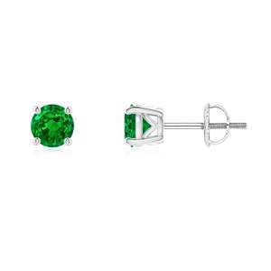 Round-Cut AAAA Natural Emerald Gemstone Studs Earrings, 14kt Yellow Gold Minimalist May Birthstone <b>Screw</b> Back 4 Prong Earring - Product Image 4