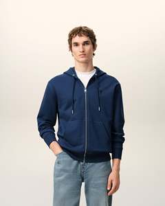 Sweat-shirt à capuche zippé bleu marine pour homme, coupe oversize, en coton French Terry, couleur unie, décontracté, pour l'été, avec poche avant et logo. - Product Image 6