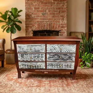 <b>Vintage</b> Indian Pure Mango Wood Solid Carved Storage Chest of Drawers Six Drawer Living Room <b>Cabinet</b> Sideboard Handmade Rajasthan - Product Image 4