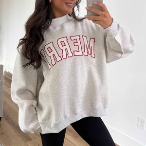 BED Women's Vintage <b>Mock</b> <b>Neck</b> Sweatshirt Custom Plaid Letter Applique Heavy Cotton Fleece Relaxed Fit <b>Top</b> - Product Image 4