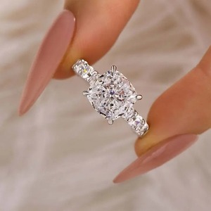 925 Moissanite Classic <b>Cushion</b> Cut Engagement <b>Ring</b> Travel <b>Ring</b> In Sterling Silver White Gold Plated Moissanite <b>Ring</b> for Women's - Product Image 2