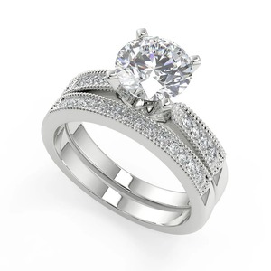18K White <b>Gold</b> Round Brilliant Lab Grown Diamond Engagement <b>Ring</b> <b>Set</b> Milgrain Double Band Bridal <b>Set</b> | IGI Certified Wholesale - Product Image 3