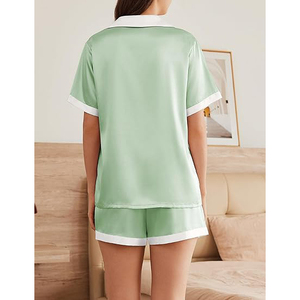 Best Selling Satin Pajamas Set Solid <b>Green</b> Turn-down Collar Button Fly Sleepwear Summer Elegant Nightwear 2 Piece - Product Image 2