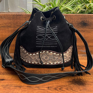 Sac seau en cuir suédé de luxe pour femmes usiné à la main à la mode point de botte daim bandoulière cordon sac seau avec franges - Product Image 2