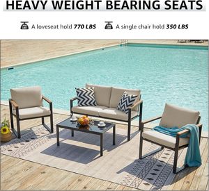 Modern Outdoor Patio Sofa Set <b>Aluminum</b> Frame Conversation Furniture with Glass Top <b>Table</b> and Cushion Seating Use - Product Image 5