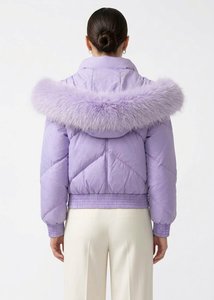 Chaqueta Acolchada de Invierno para Mujer, Color Lavanda, con Capucha con Detalles de Piel, Cierre de Cremallera, Relleno de Algodón, Color Sólido, Impermeable - Product Image 2