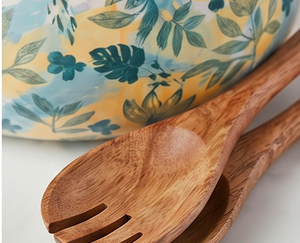 Bol à salade en bois d'acacia avec revêtement émaillé, motif floral, pour servir, avec cuillères à salade, en bois de manguier naturel, adapté aux aliments. - Product Image 2