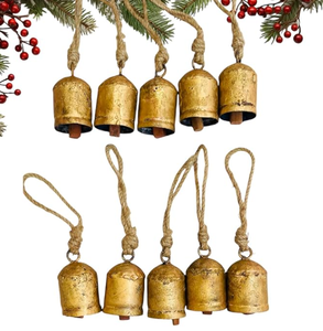 Ensemble de 10 clochettes de Noël rustiques faites à la main en laiton, clochettes de vache suspendues, décorations d'arbre vintage, décorations dorées antique, vente en gros - Product Image 1