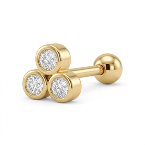 14K Solid <b>Gold</b> Triple Stone Round Brilliant Cut Diamond Bezel <b>Set</b> Stud <b>Earrings</b> for Women - Product Image 1