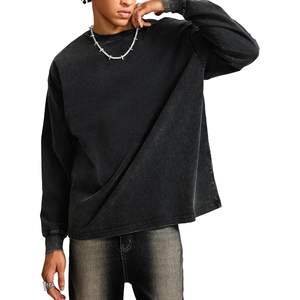 2025 Camisetas Básicas de algodón con lavado ácido de gran tamaño para hombres, sudadera de manga larga con cuello redondo, ropa de calle Vintage, camisetas de talla grande - Product Image 2