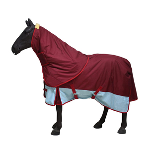 Couverture imperméable pour cheval de couleur marron, avec col haut et rabat de queue moyen, pour une utilisation en extérieur toute saison. - Product Image 1