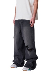 Vaqueros de mezclilla negros vintage para hombre, 100% algodón, cintura media, estilo casual, holgados, de moda urbana, de pierna ancha - Product Image 4