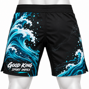 Shorts Tidal Wave Noir Teal Foam Splash Illustration Crested Swell Asymmetric Layout Cross Stitch Tab Slit Cuff Gents Activewear - Product Image 4