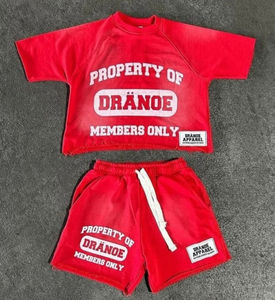 เสื้อยืดพิมพ์ลายสตรีทแวร์หนานุ่มสำหรับผู้ชาย ชุดเซ็ตเสื้อยืดและกางเกงขาสั้นผ้าฝ้ายวินเทจทรงหลวมแบบย้อมสีเอซิด สั่งทำได้ - Product Image 5