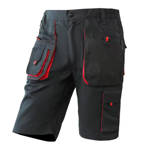 Shorts cargo en jean noir pour homme, taille mi-haute, style utilitaire avec grandes poches, bordure rouge, porte-outils, pantalon court robuste - Product Image 3