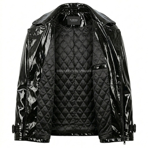 Manteau <span class=keywords><strong>trench</strong></span> pour homme en similicuir verni <span class=keywords><strong>noir</strong></span> brillant, imperméable, avec ceinture, doublure matelassée et rembourrée - Product Image 3