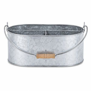 Exclusive Galvanized Metal Utensil <b>Caddy</b> with Wooden Handle 3-Compartment Silverware Organizer for <b>Kitchen</b> at Good Price - Product Image 1