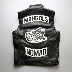 Chaleco de Cuero Genuino para Motociclistas MONGOLS, Chaleco de Cuero Vacuno Negro con Parches Bordados, Chaqueta sin Mangas de Cuero Auténtico - Product Image 2