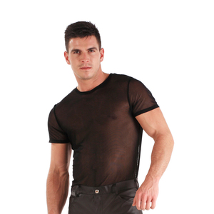 Camiseta de malla de alta calidad para hombre, color negro, manga corta, deportiva, para gimnasio, entrenamiento muscular, con servicio OEM, elegante. - Product Image 5