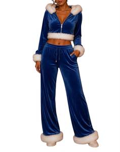 Orange Velvet Hooded Breathable Tracksuit Two Piece Jogger Set with White <b>Fur</b> <b>Trim</b> Zip up Crop <b>Top</b> Winter - Product Image 3