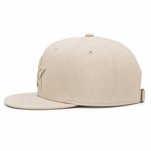 Beige 3D Embroidered Star 5 Panel <b>Snap</b> back <b>Cap</b> Flat Brim Acrylic Woven Label Custom Logo Street wear Hat - Product Image 4