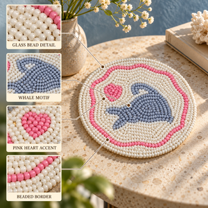 Premium <b>Glass</b> Beaded Whale <b>Coaster</b> for Dining Table | Decorative Round Drink Mat with Heart Motif for Kitchen Home Decor Accents - Product Image 4