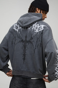 เสื้อฮู้ดดี้โอเวอร์ไซส์สีชาร์โคลลายพิมพ์ดิจิทัลผ้าฟลีซ 100% คอตตอน ชายเสื้อและปลายแขนเสื้อแบบริบ สำหรับผู้ชาย สวมใส่สบายๆ ในฤดูใบไม้ร่วง - Product Image 4