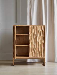 Gabinete de Madera de Teca con Diseño Artístico de Puerta Hecho a Mano y Estructura de Base Abierta Moderna - Product Image 1