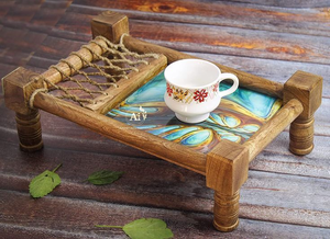 Plateau de service Chowki bohème traditionnel fait main en bois avec design en corde tressée, table à thé indienne décorative pour la maison et les repas - Product Image 4