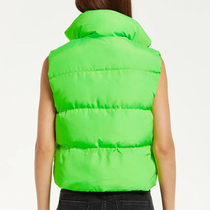 Chaleco Acolchado de Cuello Alto Color Verde Neón para Mujer, Cierre de Cremallera, Color Sólido, Ropa Exterior Informal, Largo Regular, Relleno de Poliéster - Product Image 2