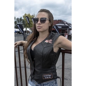 Women's <b>Black</b> PU Leather Biker <b>Vest</b> With Patch Designs And Lace-Up Sides Moto Style Sleeveless Waistcoat - Product Image 3